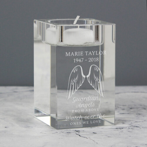 Personalised Guardian Angel Wings Memorial Glass Tea Light Candle Holder