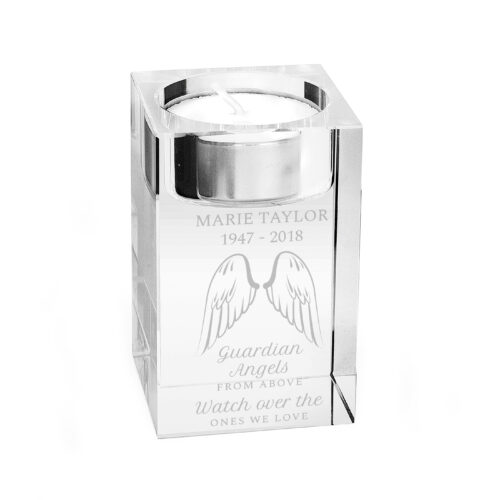 Personalised Guardian Angel Wings Memorial Glass Tea Light Candle Holder