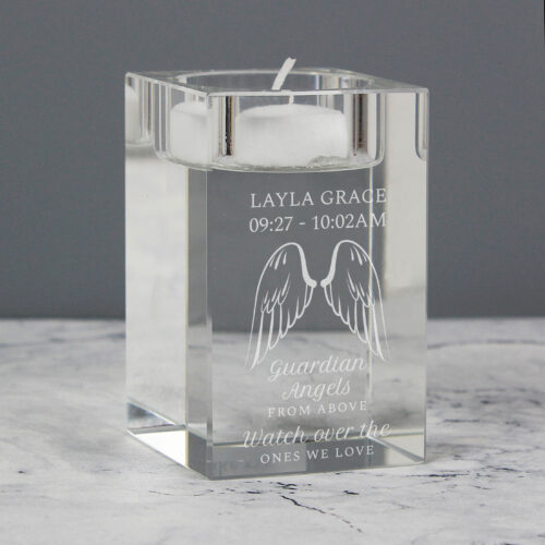 Personalised Guardian Angel Wings Memorial Glass Tea Light Candle Holder